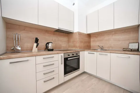 Modern kitchen with light cabinetry, wooden countertop, and built-in appliances. - image 19