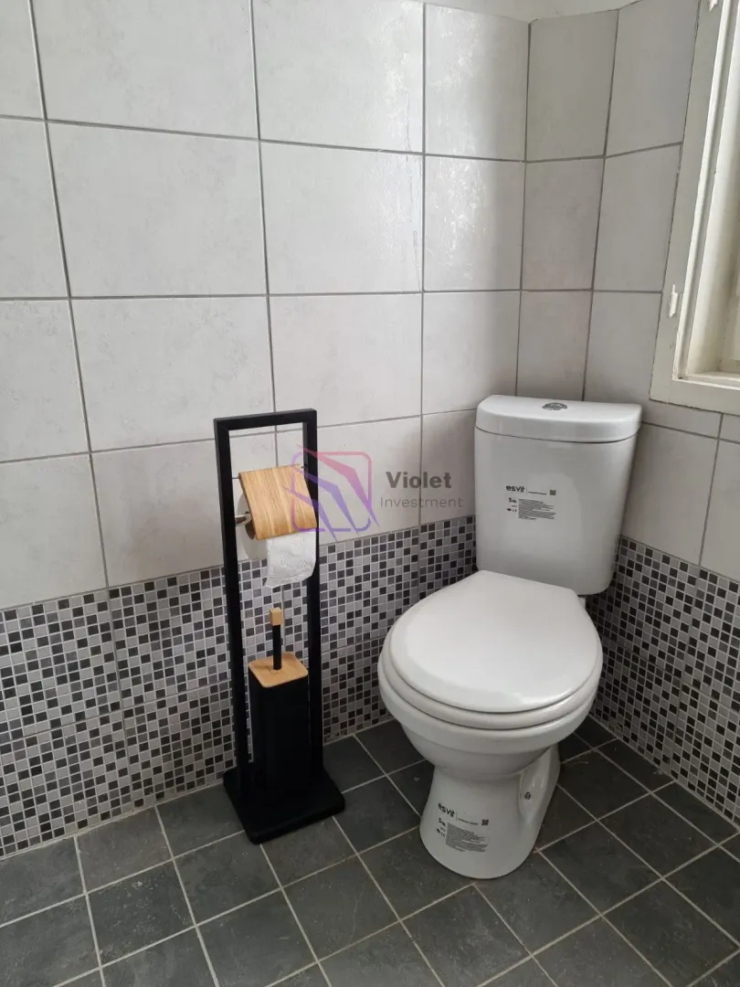 View of the bathroom with a toilet and toilet paper holder.