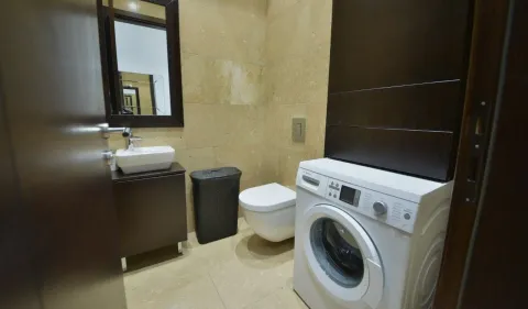 Kupatilo opremljeno umivaonikom, WC šoljom i veš mašinom. - image 5