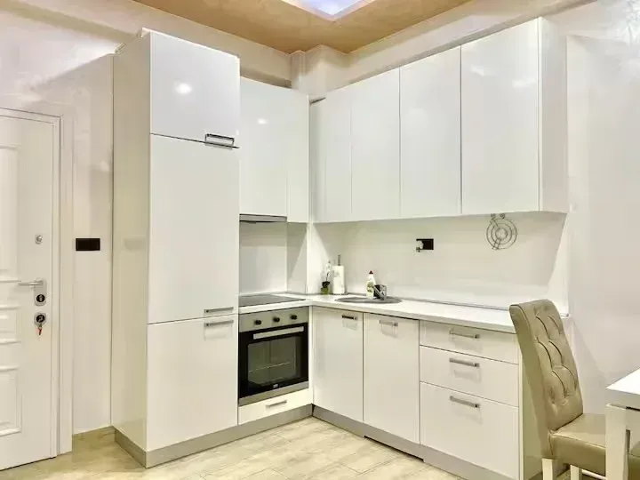 Moderna bijela kuhinja sa ugradnim uređajima.