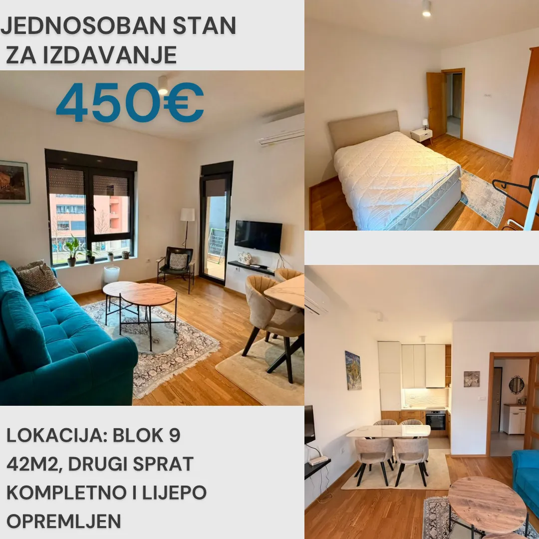 Izdavanje, jednosoban stan, 42m², Blok 9, Podgorica
