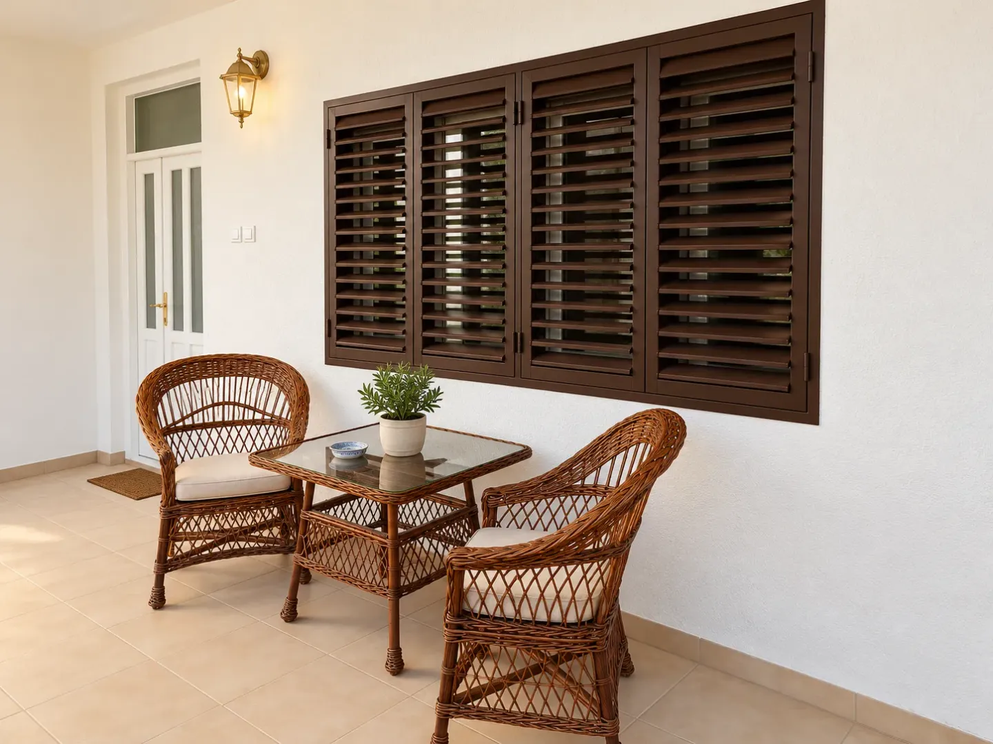 Covered terrace with wicker furniture and brown window shutters.