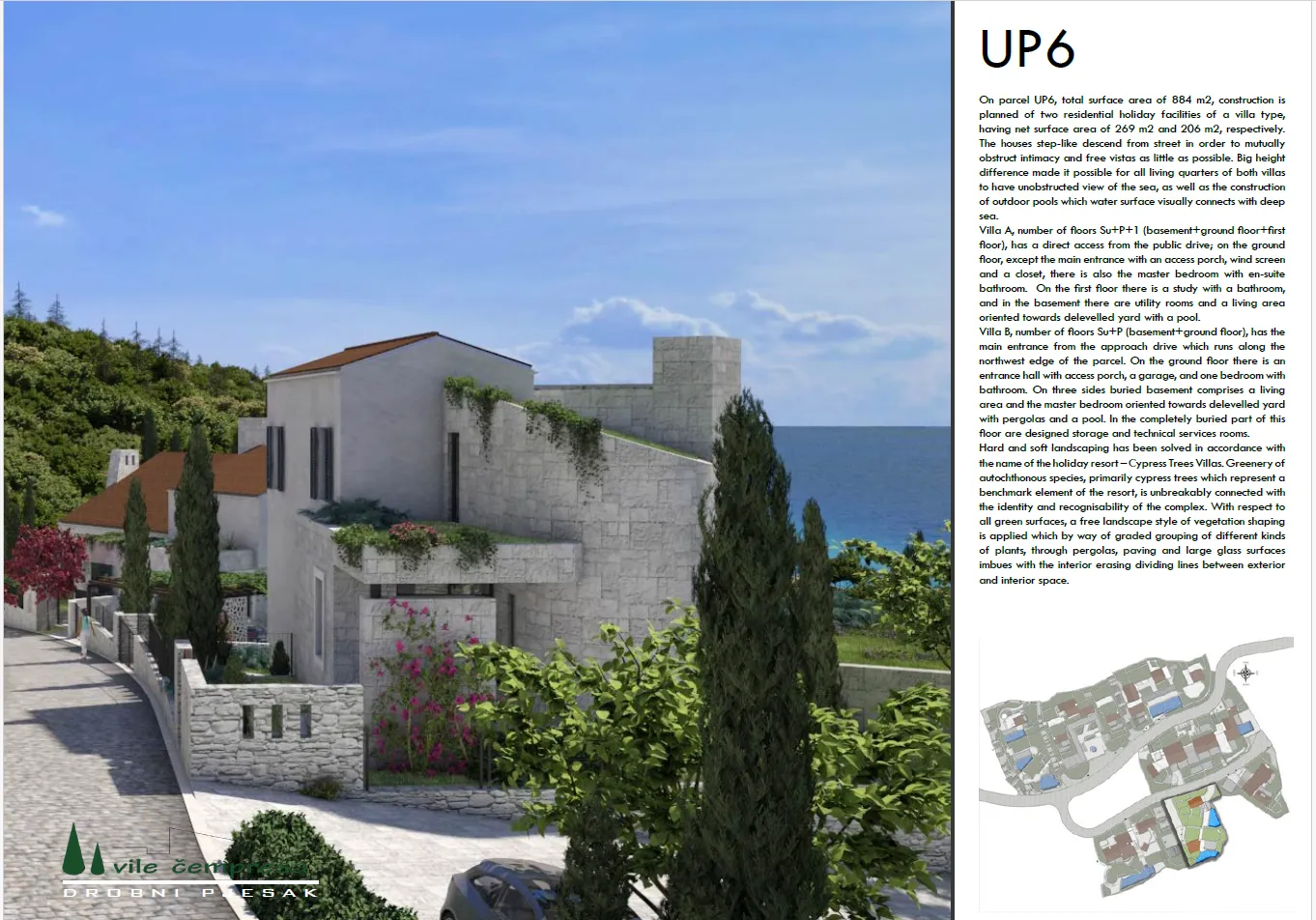 3D render eksterijera vile sa pogledom na more i uređenom okućnicom.