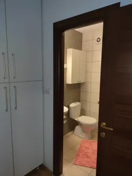 A view through a doorway into a functional bathroom with a toilet and a cabinet. - image 28