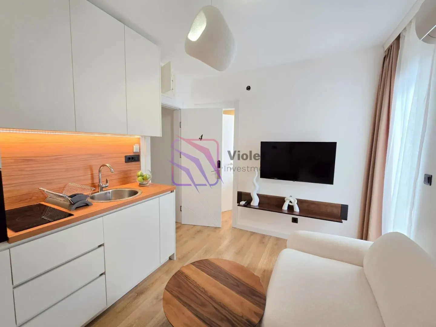 Small living room with a built-in kitchen, sofa, and wall-mounted TV.