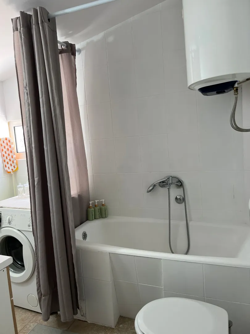 Smaller bathroom with a bathtub, washing machine, and water heater.