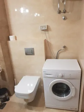 Bathroom with a wall-mounted toilet and a washing machine. - image 4