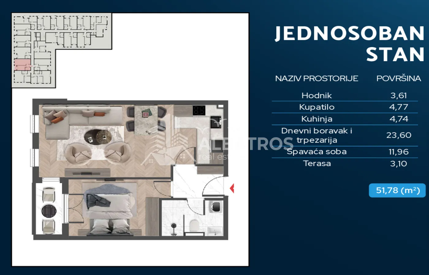 Osnova jednosobnog stana sa rasporedom prostorija i površinama.
