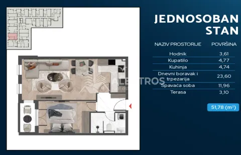 Osnova jednosobnog stana sa rasporedom prostorija i površinama. - image 17