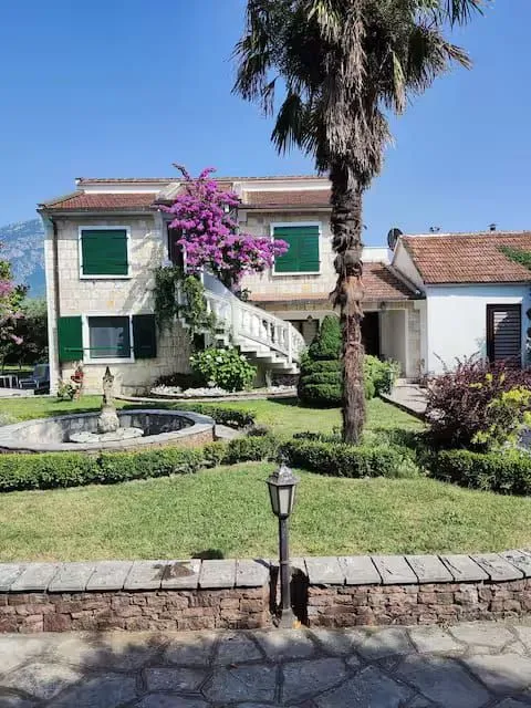 House yard with a landscaped lawn, fountain, and palm tree.
