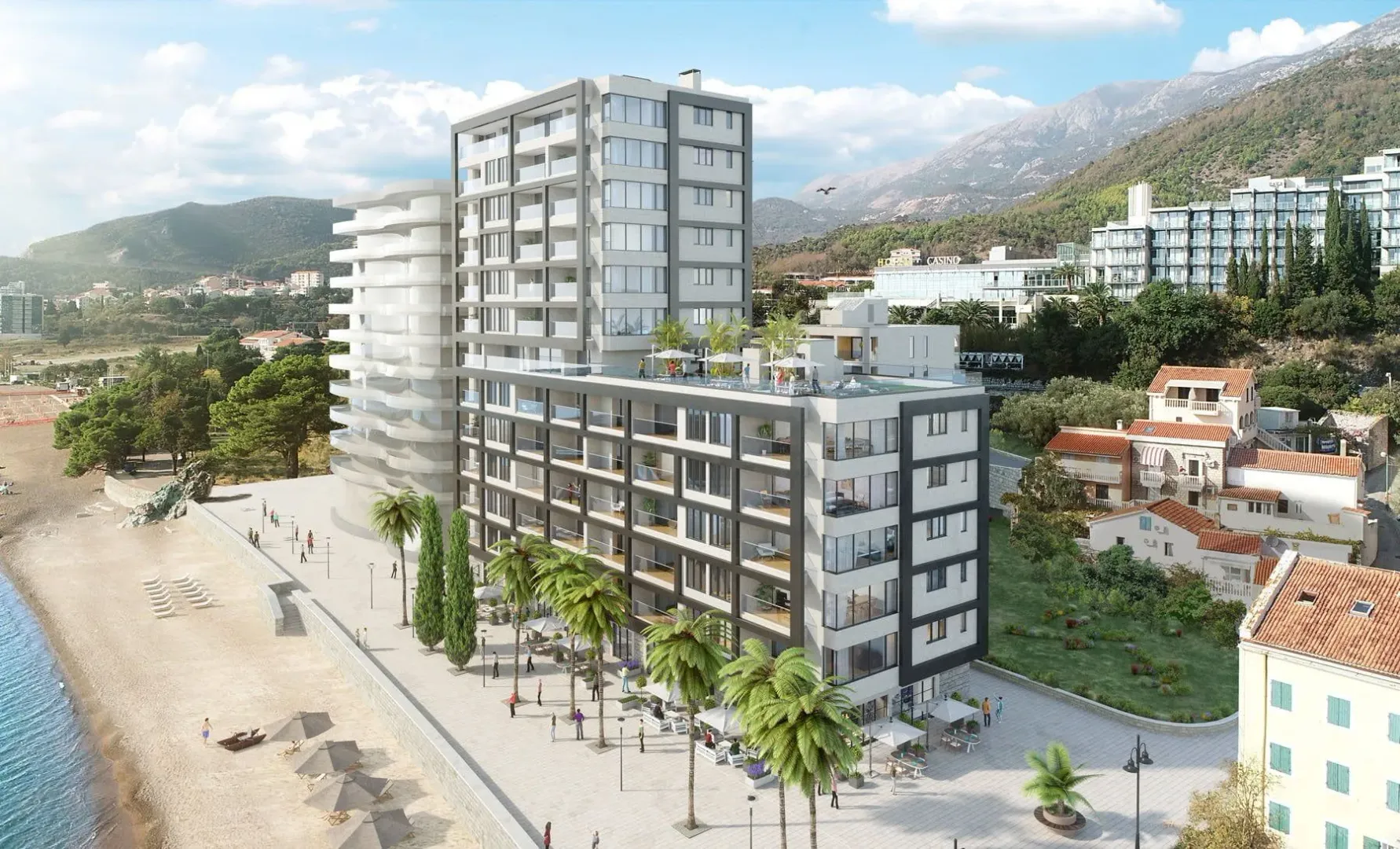 3D vizuelizacija moderne stambene zgrade na samoj obali mora.