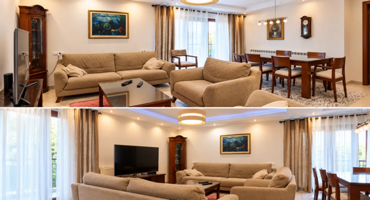 Spacious living room connected to the dining area.