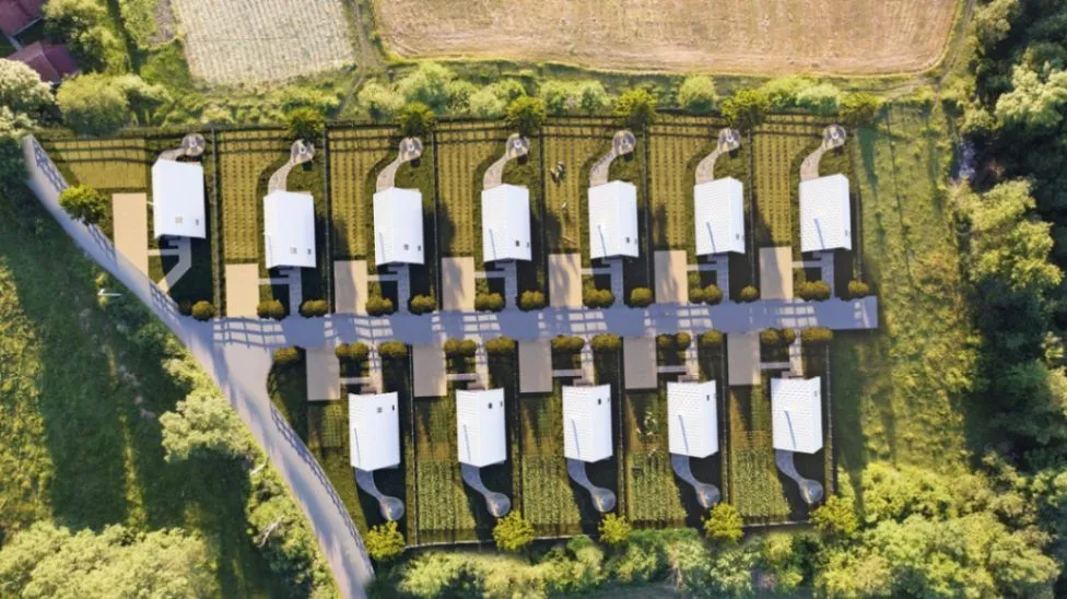 Aerial view of a townhouse complex with landscaped yards.