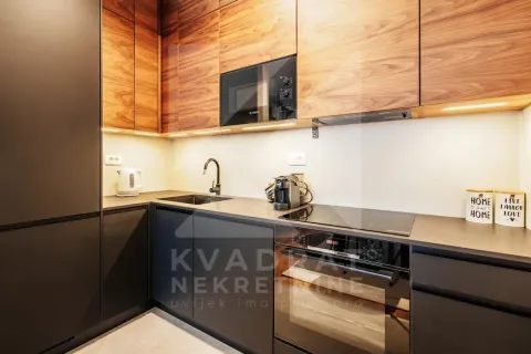 Modern kitchen with dark cabinetry and wooden wall units. - image 6