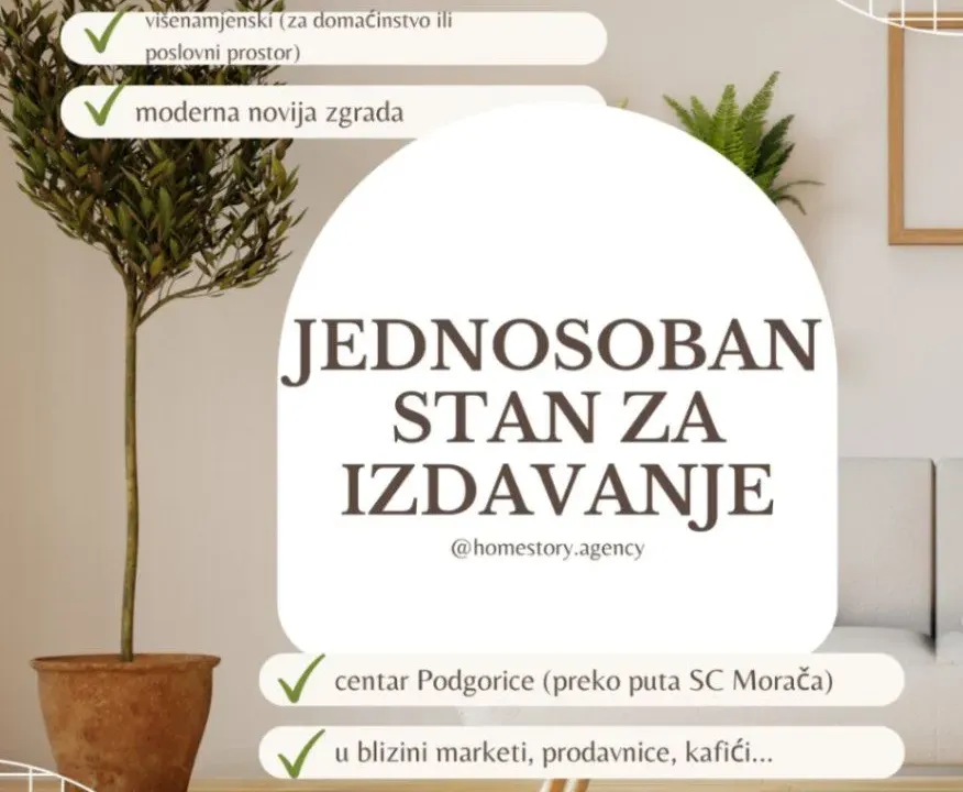 Izdavanje, jednosoban stan, 45m², Centar, Podgorica