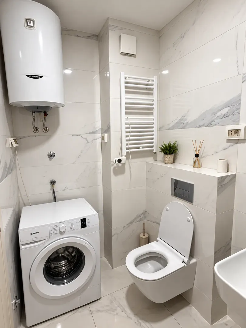 Modern equipped bathroom with a toilet, washing machine, and water heater.