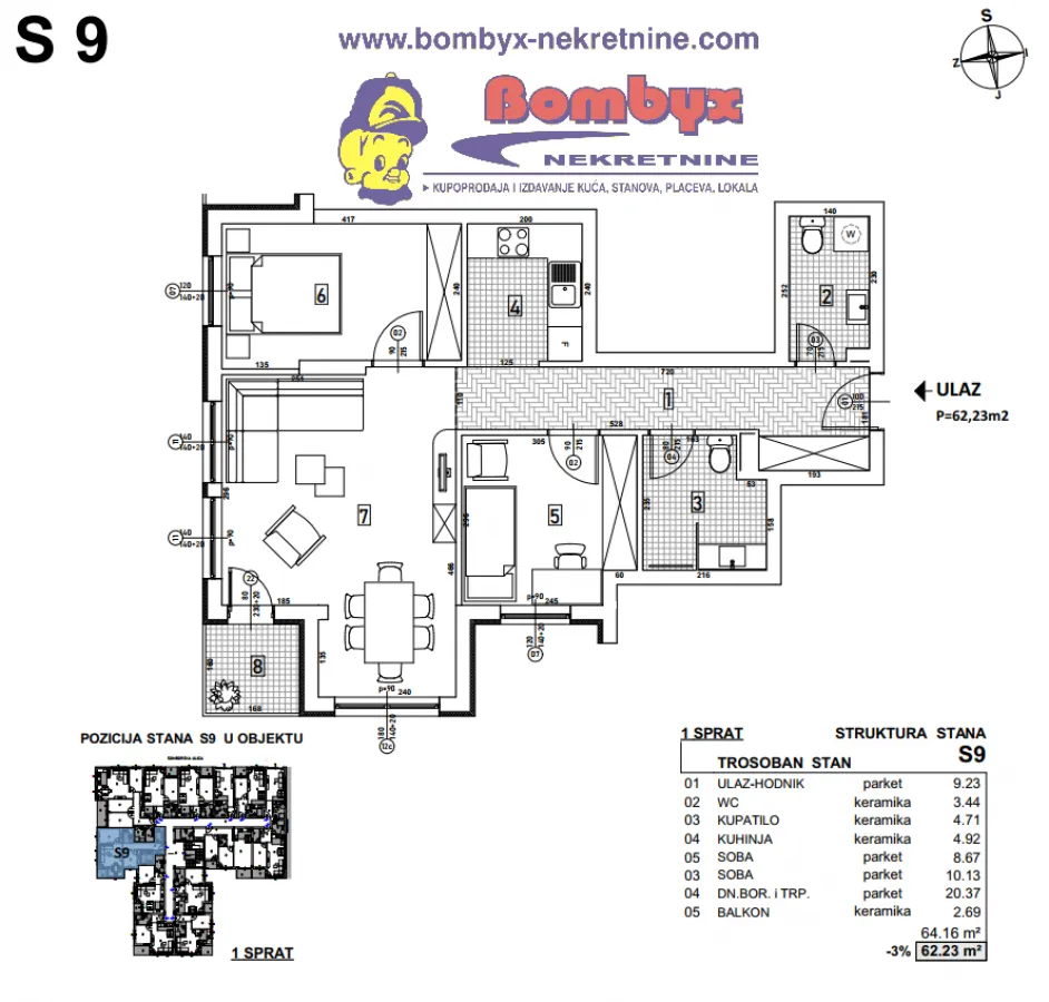 Prodaja, trosoban stan, 62m², Telep, Novi Sad Sve Podlokacije
