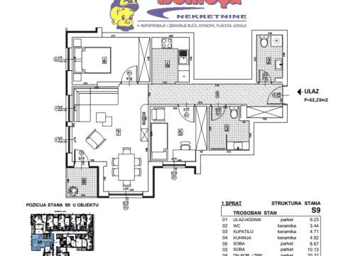 Sale, three bedroom apartment, 62m², Telep, Novi Sad Sve Podlokacije