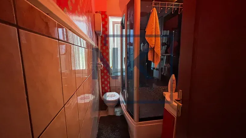 Small bathroom with a shower cabin, washbasin, and toilet.
