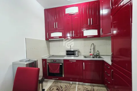 Kitchen equipped with red cabinets and built-in appliances. - image 13