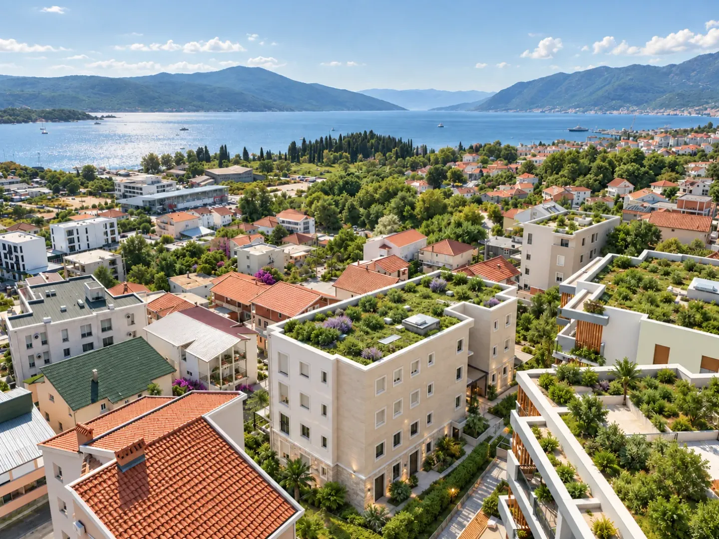 Pogled iz vazduha na stambeni kompleks sa zelenim krovovima i pogledom na more.