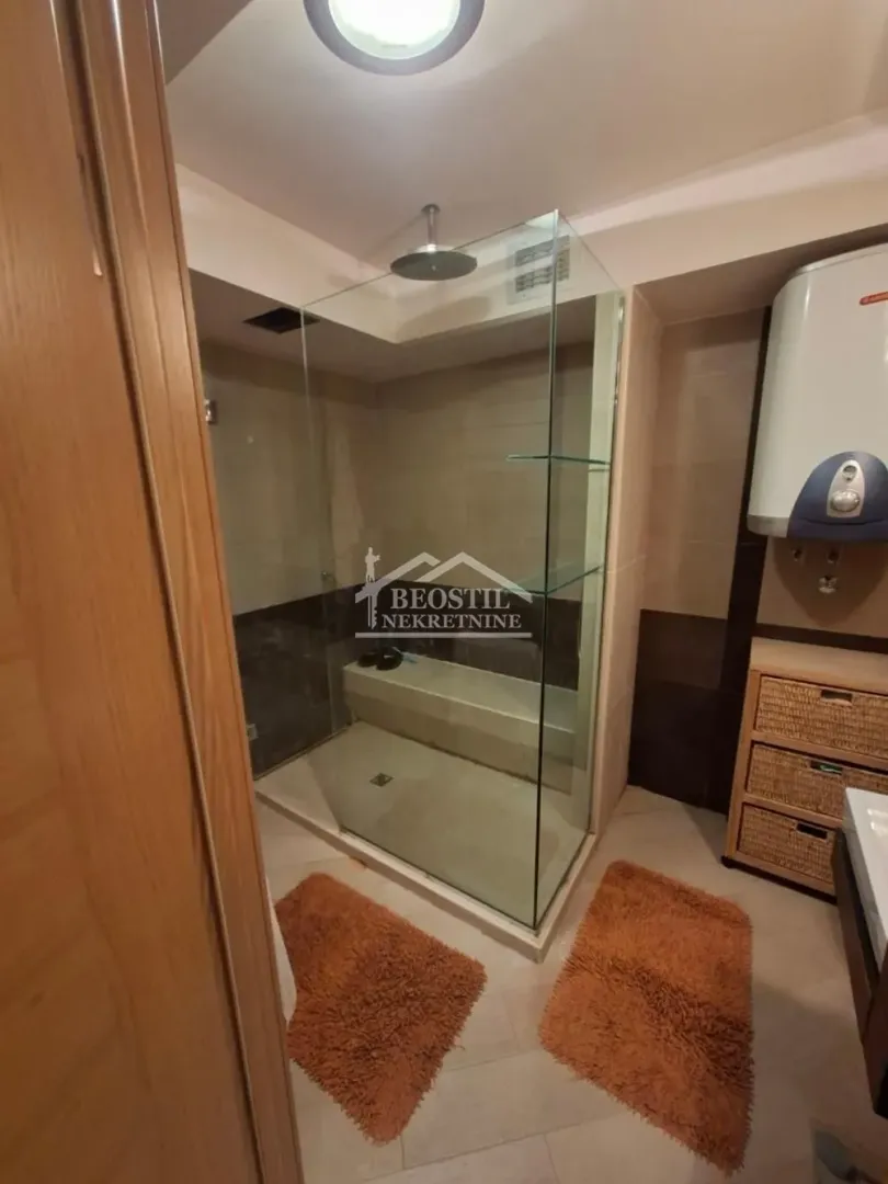 Bathroom with a walk-in shower and built-in elements.
