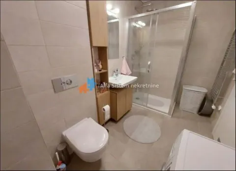 Modern bathroom with a shower cabin, washbasin, and toilet. - image 17