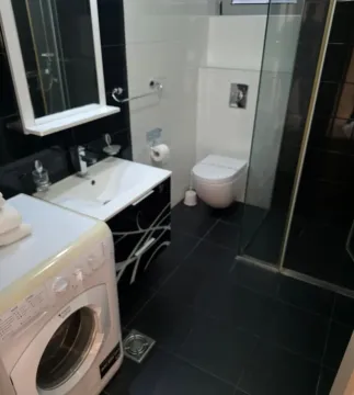 Modern equipped bathroom with a shower cabin and washing machine. - image 7