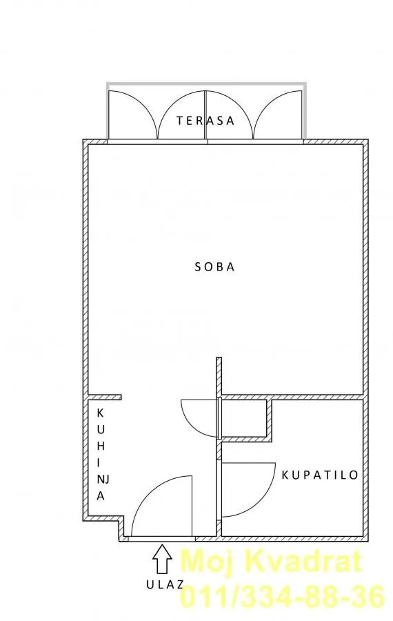 Osnova stana sa rasporedom prostorija i terasom.