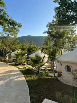 View of the courtyard with a walkway and small buildings surrounded by greenery. - image 14