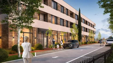 Exterior view of a modern residential building with commercial spaces on the ground floor and a paved sidewalk. - image 6