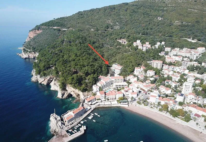 Pogled iz vazduha na priobalno naselje sa šumom i morem.