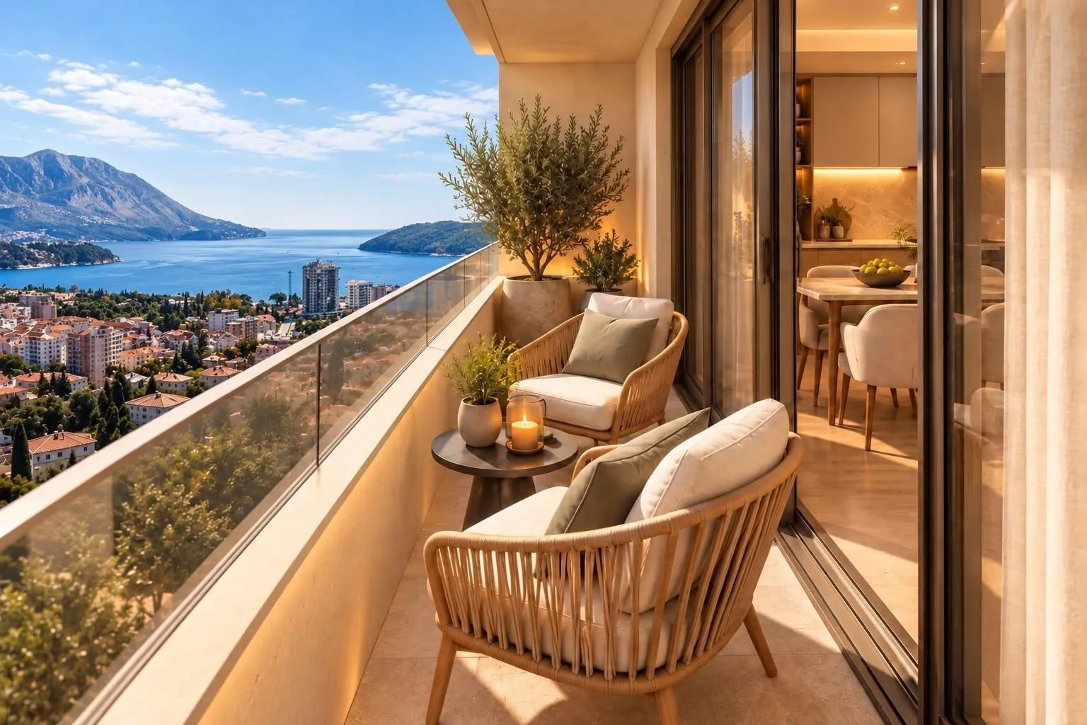Moderan namješten balkon sa garniturom za sjedenje i pogledom na more.