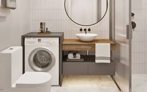 Moderne kupatilo sa umivaonikom, ogledalom, wc šoljom i veš mašinom. - image 16