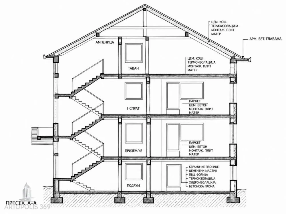 Architectural section of the building showing floors and structure.