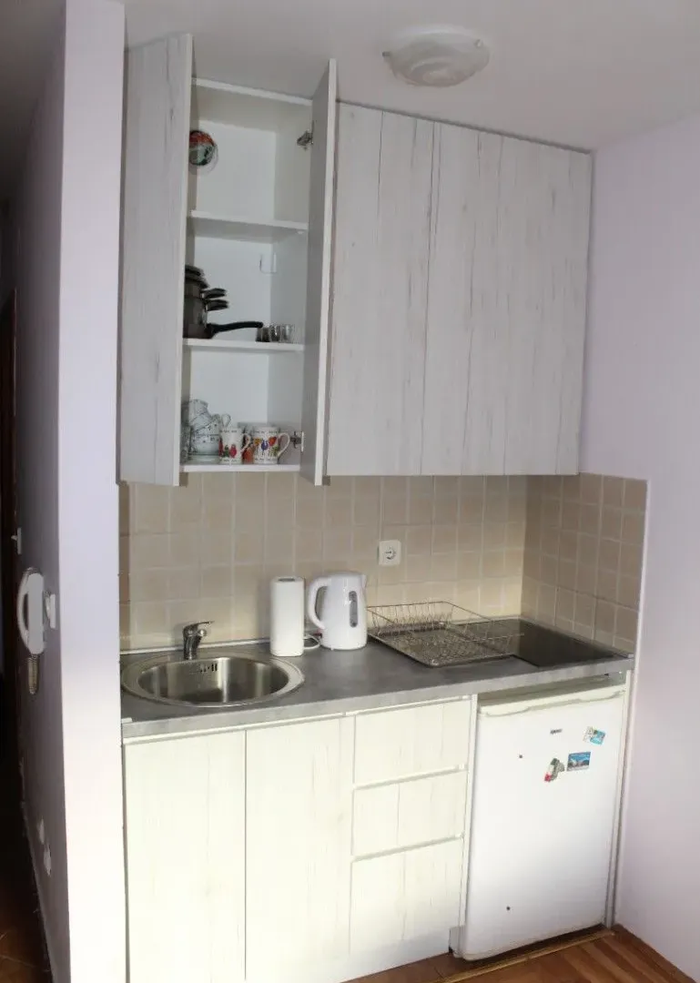 Smaller kitchen with a sink, cabinetry, and a small refrigerator.