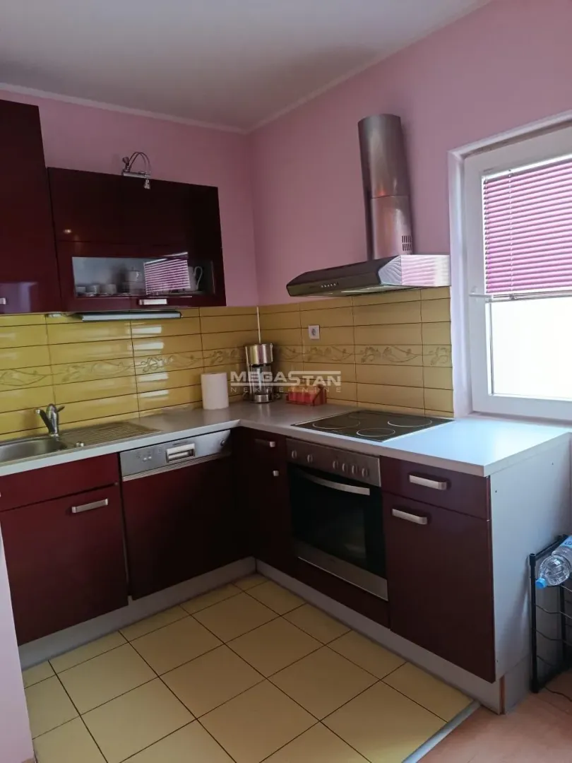 Kitchen equipped with dark cabinetry, a sink, a built-in oven, and a range hood.