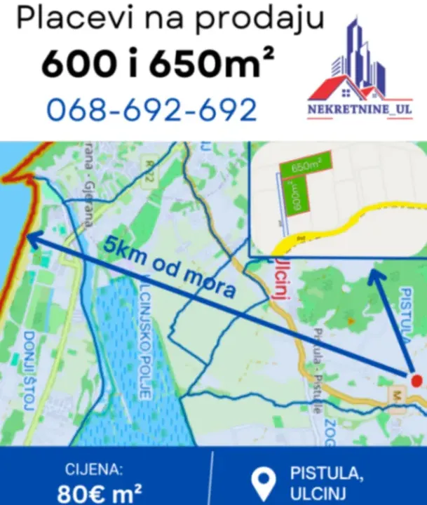 Sale, land lot, 600m², Pistula, Ulcinj