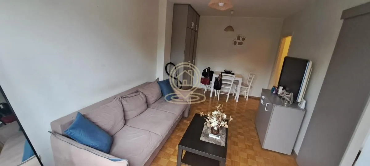 Dnevna soba sa garniturom, stočićem i trpezarijskim delom u pozadini.