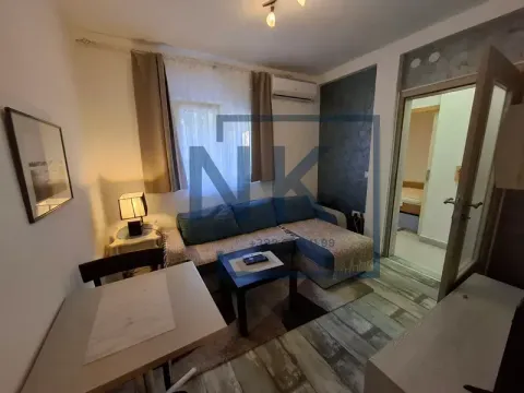 Small living room with a sofa bed and a dining table. - image 3