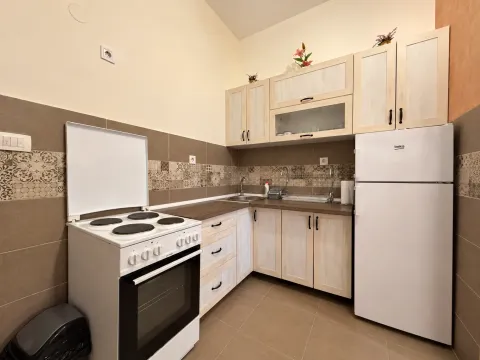 Small kitchen with wooden cabinets, stove, and refrigerator. - image 6