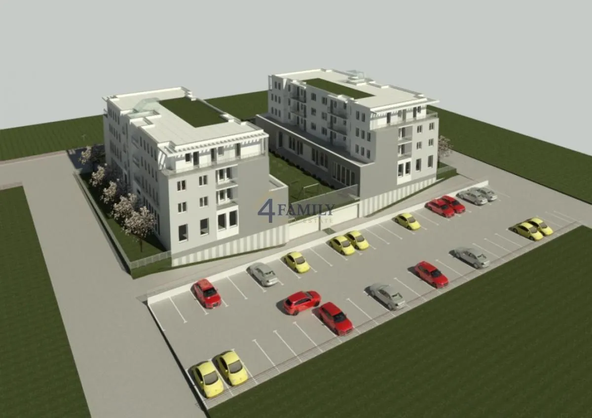 3D render stambene zgrade sa parkingom i uređenim dvorištem.
