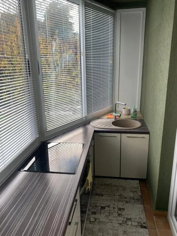 Manja kuhinja smještena na zastakljenoj terasi sa sudoperom i ugradnom pločom.