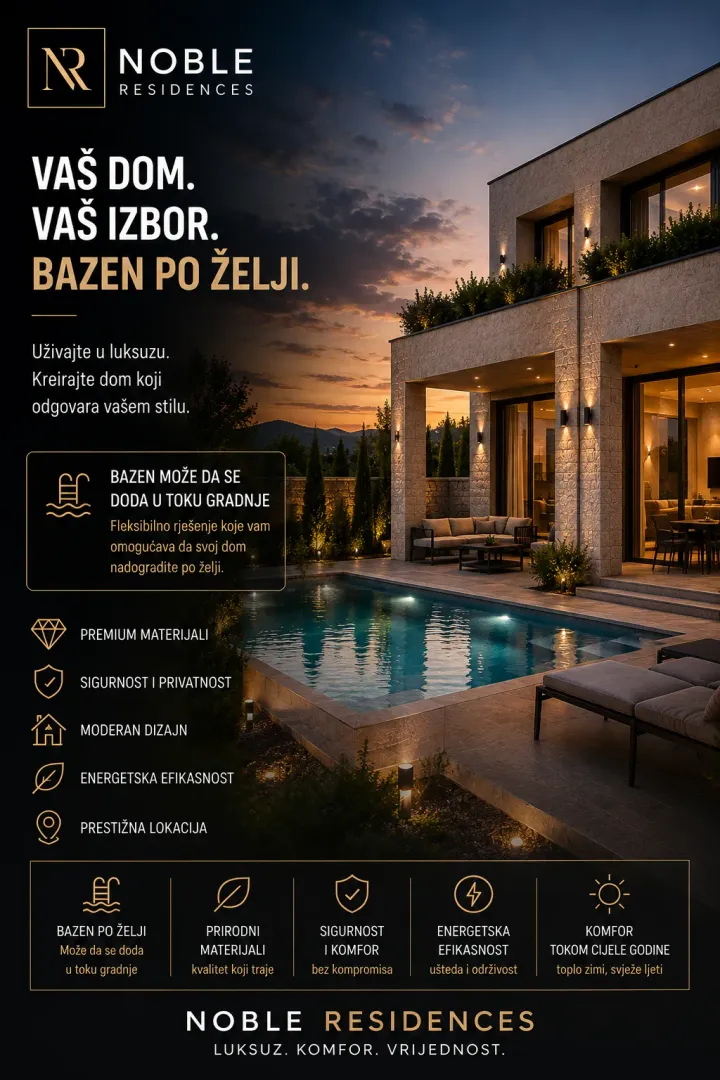 Reklamni poster sa prikazom moderne vile sa bazenom i osvetljenjem u sumrak.