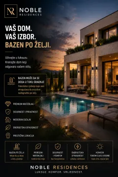 Reklamni poster sa prikazom moderne vile sa bazenom i osvetljenjem u sumrak. - image 2