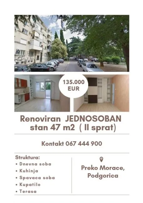 Prodaja, jednosoban stan, 47m², Preko Morače, Podgorica