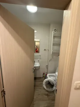 Pogled kroz otvorena vrata na malo kupatilo sa sanitarijama i veš mašinom. - image 6