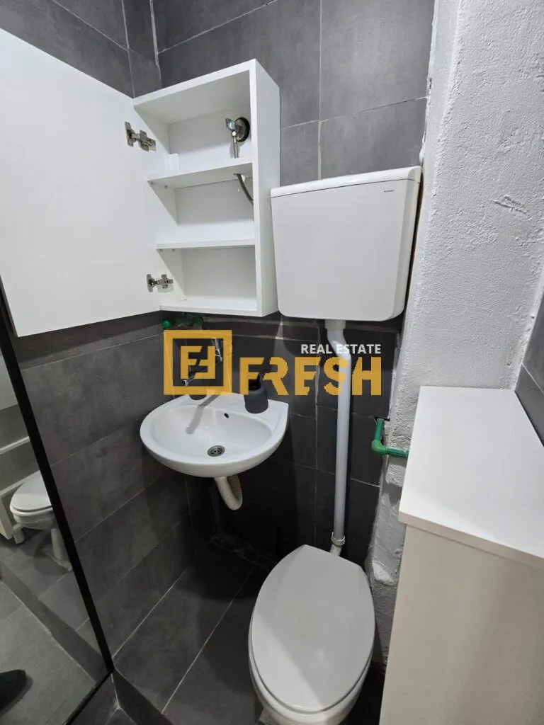 Small bathroom with gray and white tiles, a toilet, a washbasin, and a wall cabinet.