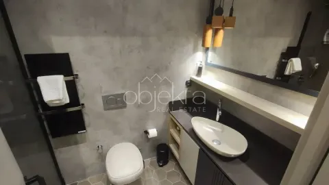 Moderne kupatilo sa tuš kabinom, lavabom i sanitarijama u tamnim tonovima. - image 7