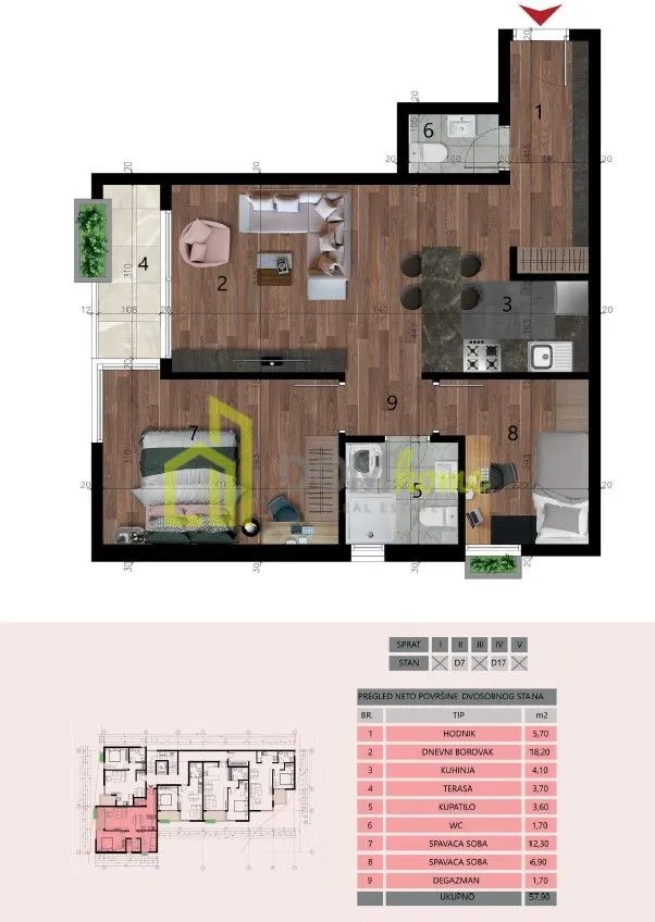 Sale, two bedroom apartment, 58m², Šušanj, Bar